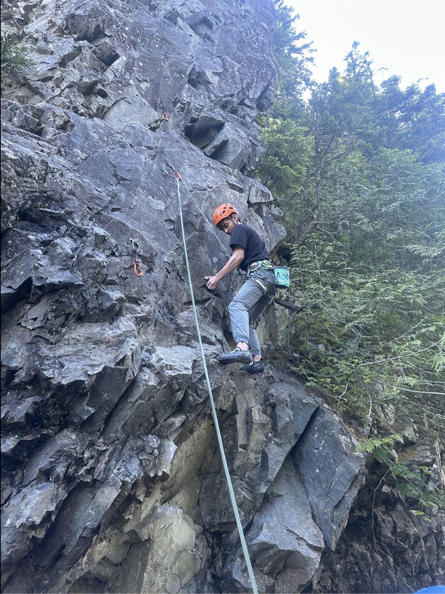 Tharyn at crux traverse. Also who needs the first draw anyway.